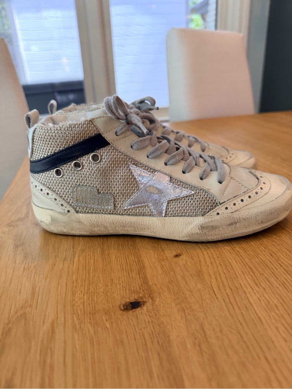 Golden Goose Cream Mesh and Black Leather Mid Star Sneakers with Silver Star - Picture 9 of 11